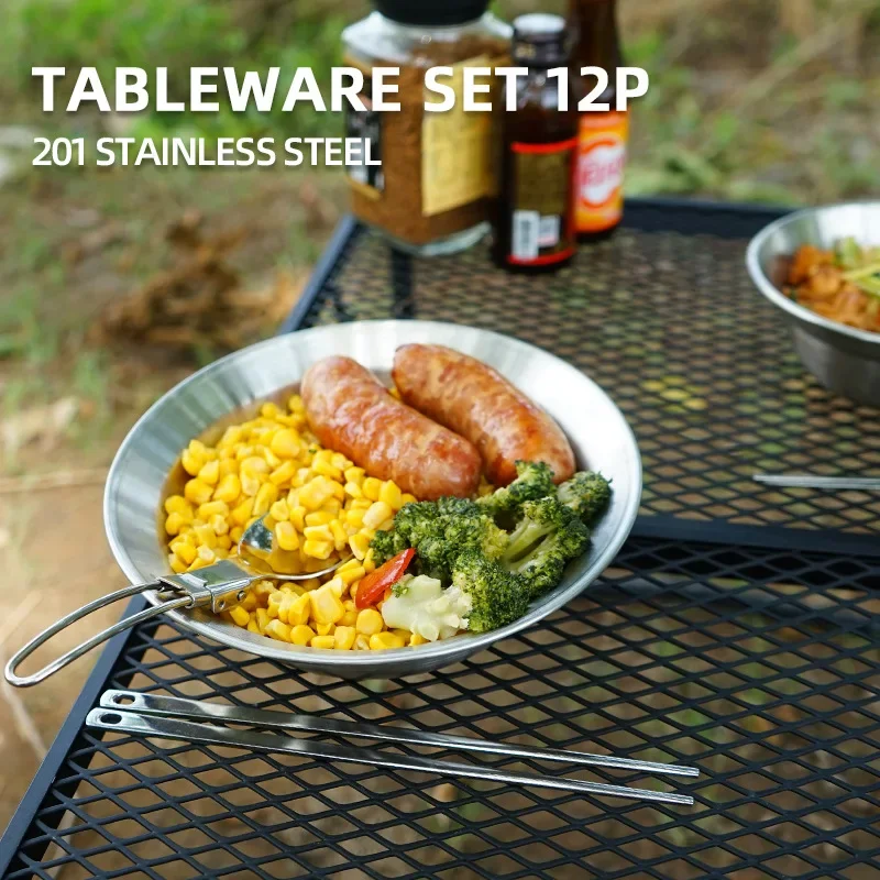 Camping Cooking Dining Set - 12個入りポータブルアウトドア食器セット キャンプ、自走車ツアー、バーベキュー用 - 家庭用ダイニングプレートと小鉢セット