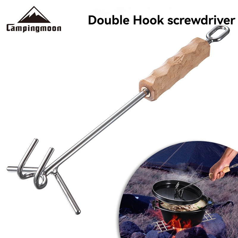 Camp Dutch Oven Cast - MS-34 アウトドアキャンプ用ステンレス製ダブルフックドライバー、延長耐熱鋳鉄製ダッチオーブン蓋用ドライバー付き