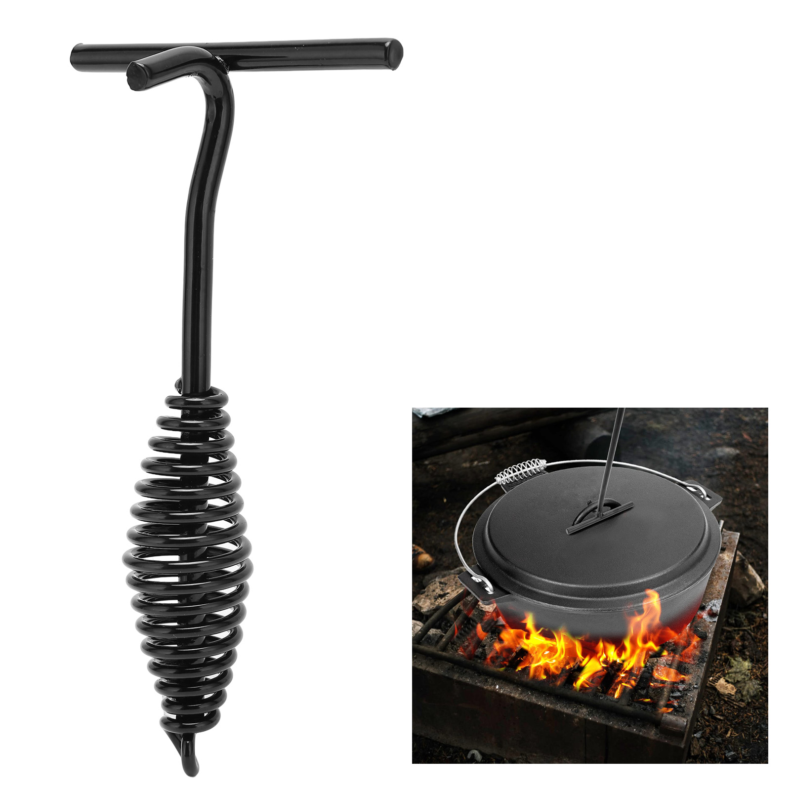 Camp Dutch Oven Cast - スパイラルハンドル付き鋳鉄製オランダオーブン蓋リフター、アウトドアキャンプやハイキングに適しています、19.5cm