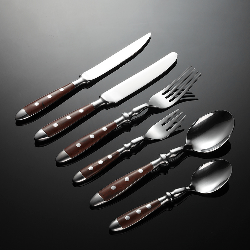 Camping Cooking Dining Set - プロ仕様のアウトドアダイニングセット、ステンレス製のフォーク、スプーン、ナイフ（リベット付きハンドル）- 持ち運び可能なキャンプ用調理器具