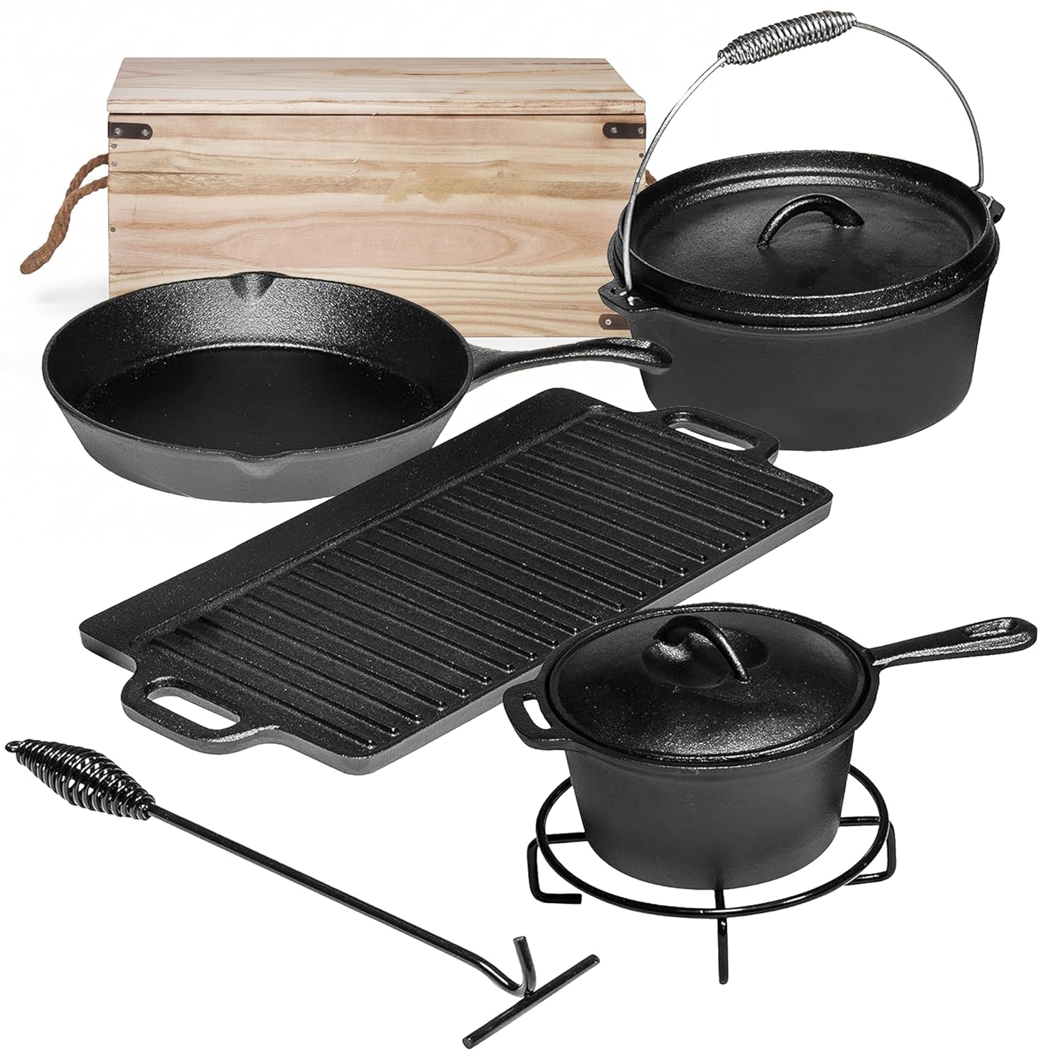 Camp Dutch Oven Cast - キャンプ用調理器具7点セット。 プレシーズン加工済みの鋳鉄製鍋とフライパン、蓋付きダッチオーブン、屋外焚き火用 グリル調理器具