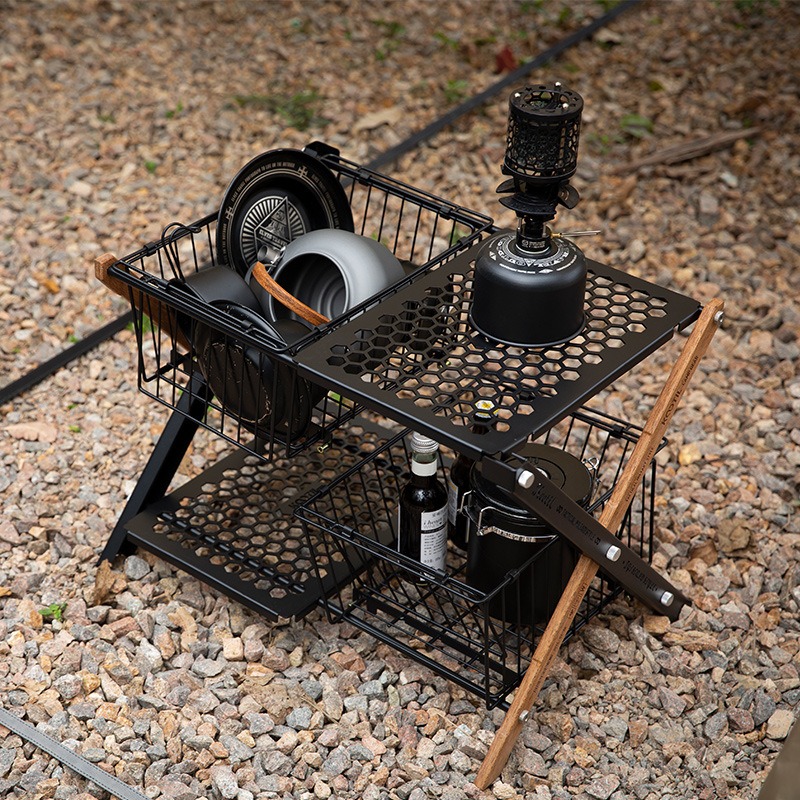 ポータブル折りたたみキャンプテーブルバスケット多層収納バスケ - Camping Cooking Table のレビューと価格