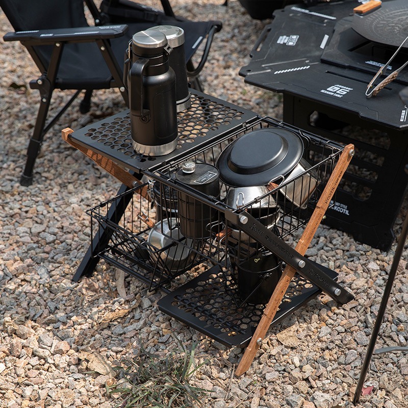 ポータブル折りたたみキャンプテーブルバスケット多層収納バスケ - Camping Cooking Table のレビューと価格
